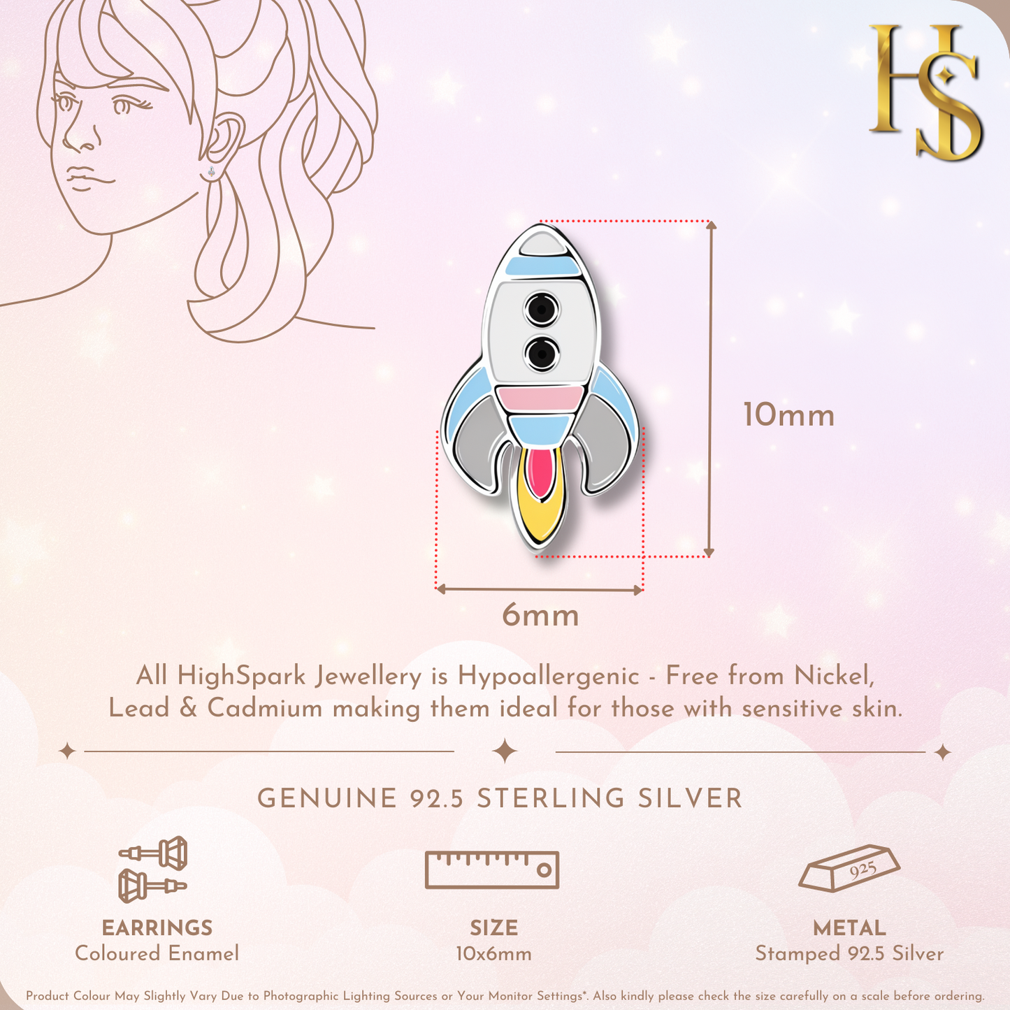 Cosmic Rocket Cute Enamel Stud Earrings in 925 Sterling Silver HighSpark