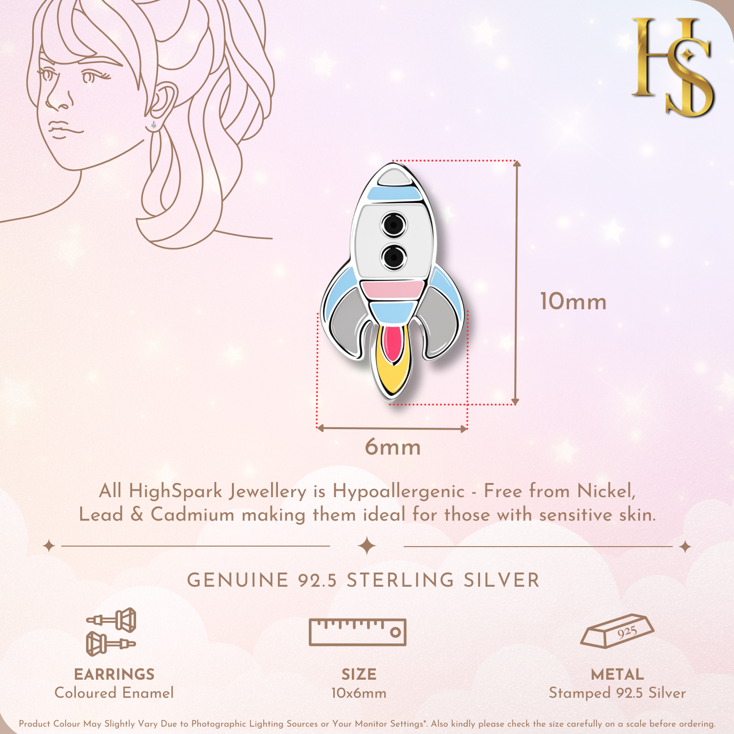Cosmic Rocket Cute Enamel Stud Earrings in 925 Sterling Silver HighSpark