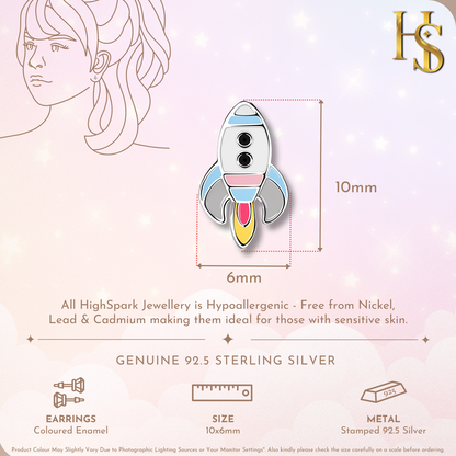 Cosmic Rocket Cute Enamel Stud Earrings in 925 Sterling Silver HighSpark