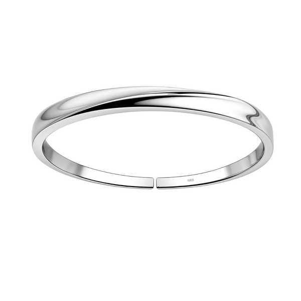 A minimalist adjustable ring with a subtle twist in its highly polished sterling silver band, shown on a white background.