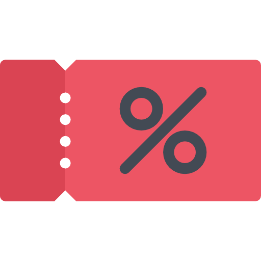 A red coupon icon with a perforated edge and a large grey percentage symbol in the center, shown on a plain white background.