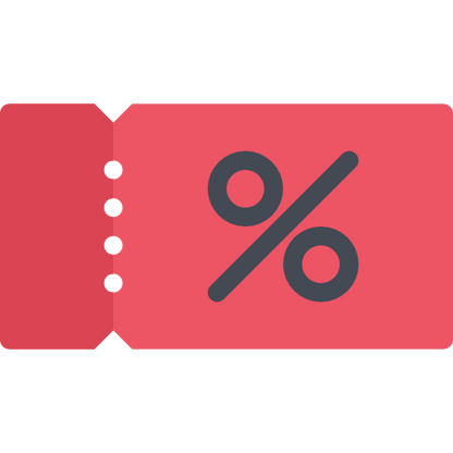 A red coupon icon with a perforated edge and a large grey percentage symbol in the center, shown on a plain white background.