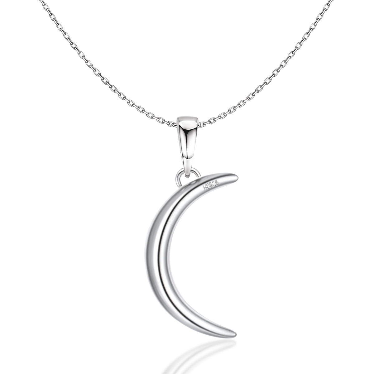 A sterling silver pendant necklace with a smooth, polished crescent moon charm on a fine link chain, shown on a white background.