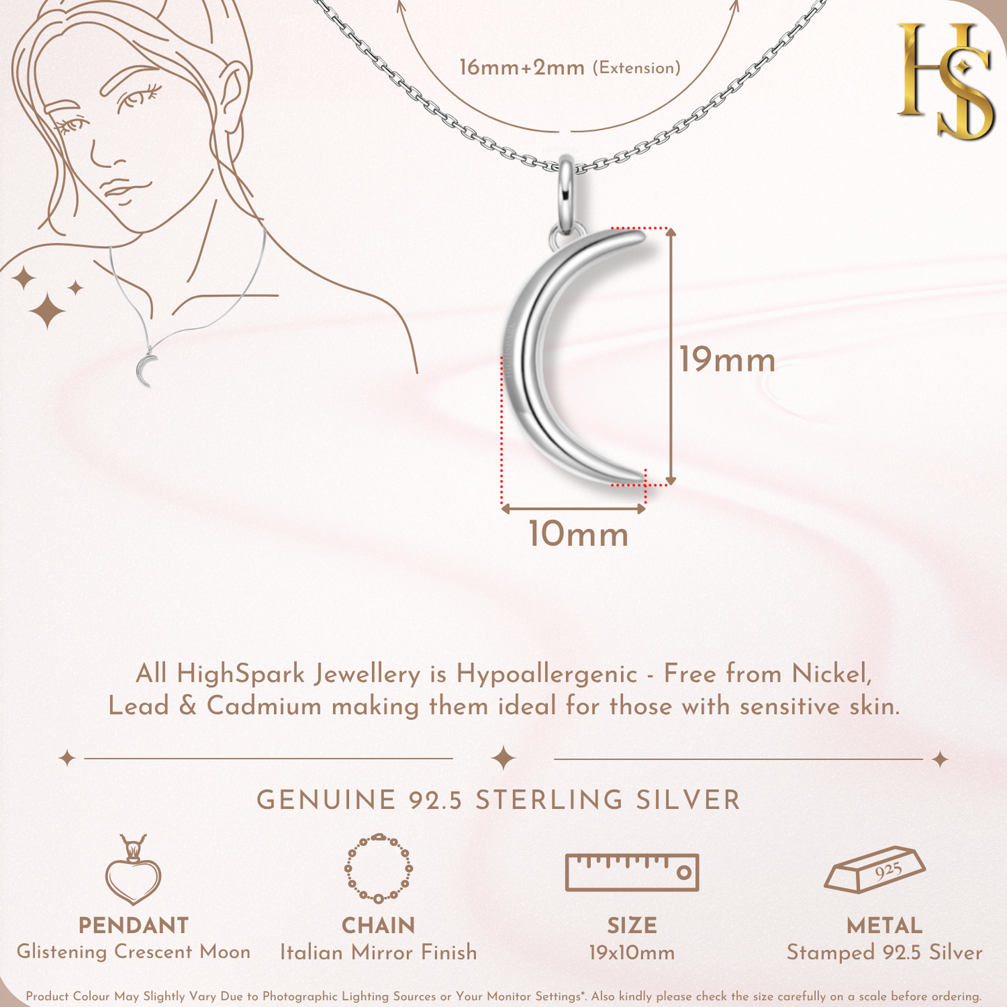 Crescent Moon Pendant Necklace in 92.5 Silver HighSpark