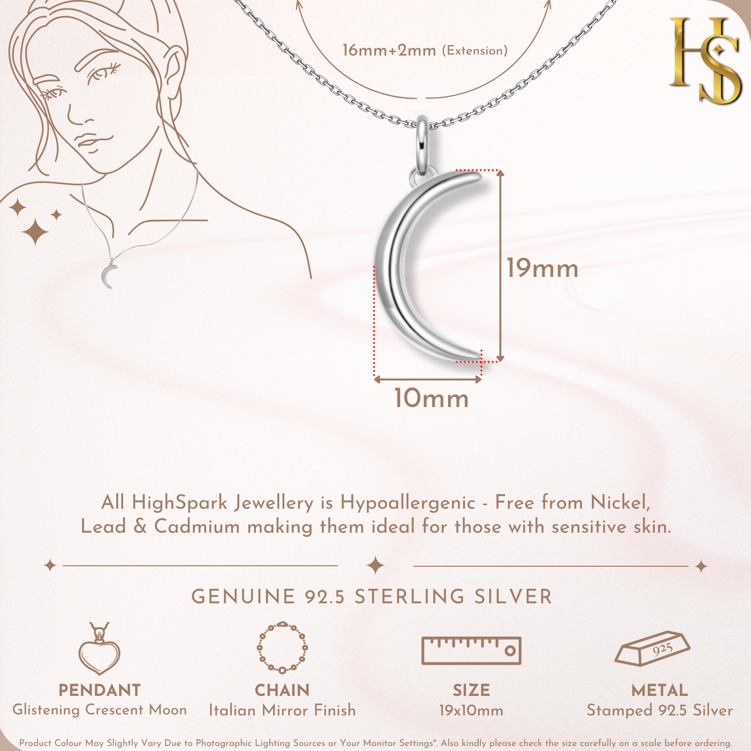 Crescent Moon Pendant Necklace in 92.5 Silver HighSpark
