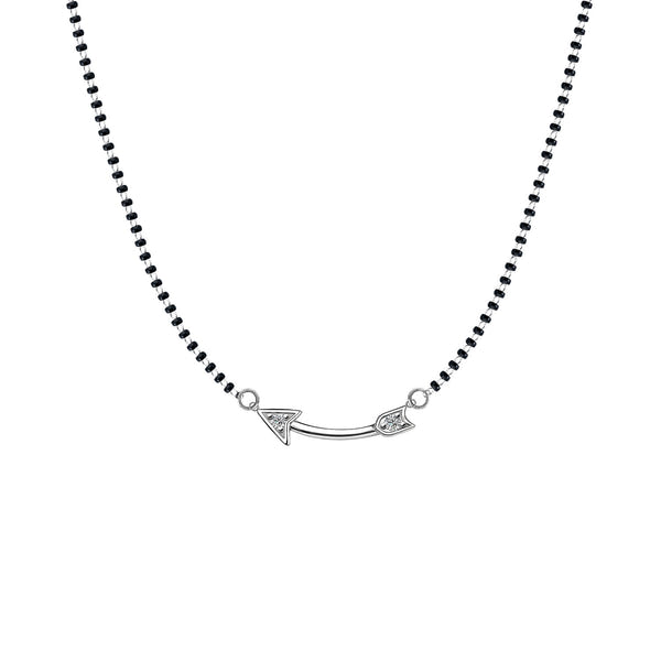 A sterling silver mangalsutra necklace with a curved arrow pendant set with American diamonds on a traditional black beaded chain.