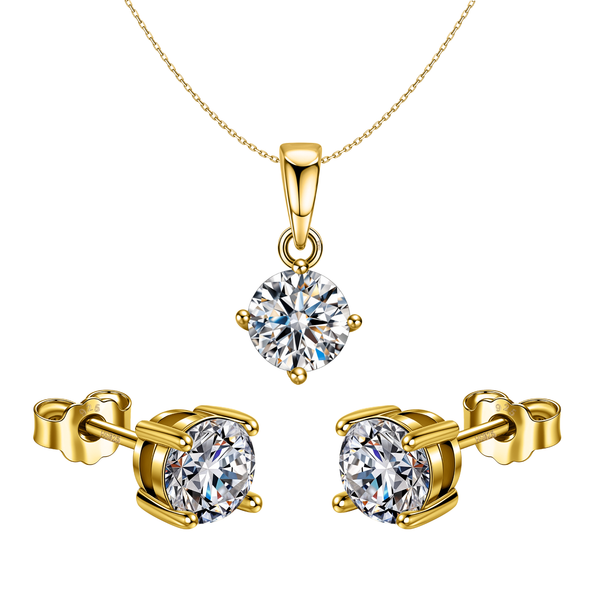 A gold-plated sterling silver pendant set with a pair of stud earrings, each featuring a round American diamond in a four-prong setting.