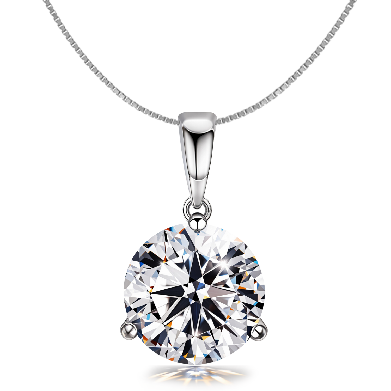 A solitaire pendant necklace with a round American diamond in a three-prong setting on a sterling silver box chain.