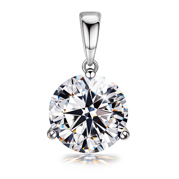 A solitaire pendant with a large, round-cut American diamond in a three-prong setting with a sterling silver bail on a white background.