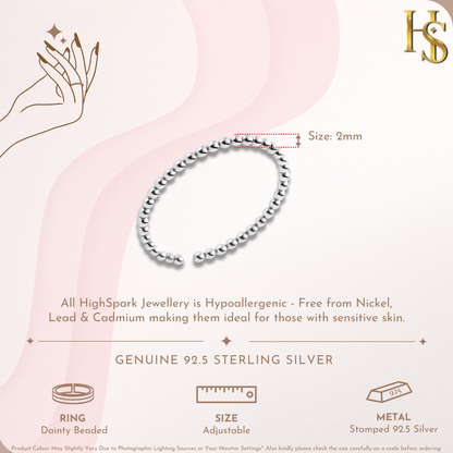 Infographic showing an adjustable sterling silver ring with a beaded design, with a callout indicating the band is 2mm wide.
