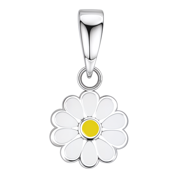 A sterling silver pendant shaped like a daisy flower with white enamel petals and a yellow enamel center on a white background.