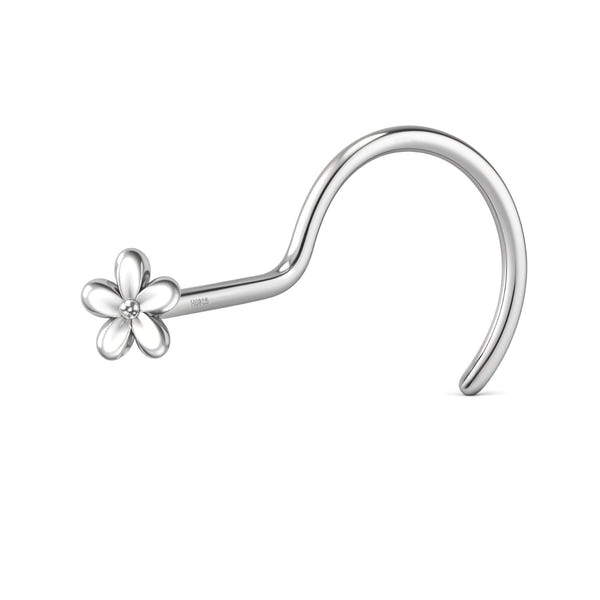 A sterling silver nose pin with a five-petal daisy motif and a tiny center stone, featuring a curved screw back, on a white background.