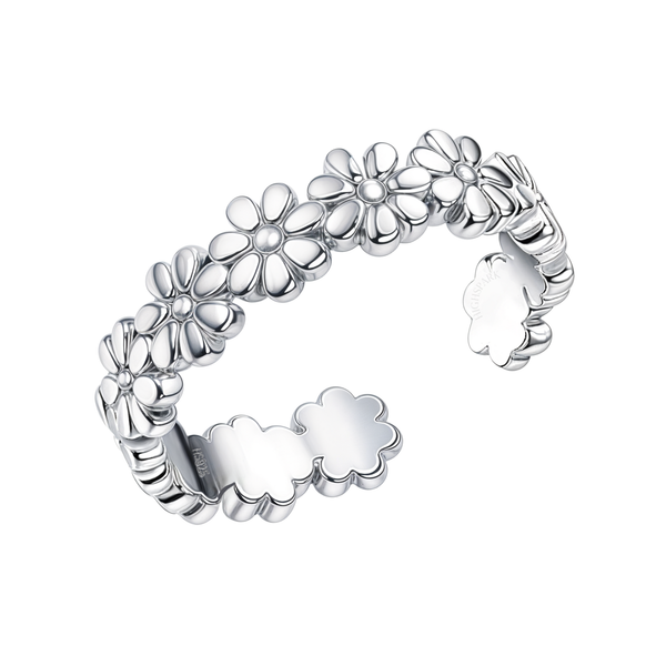 An adjustable sterling silver ring designed as a band of linked daisy flowers, shown on a white background.