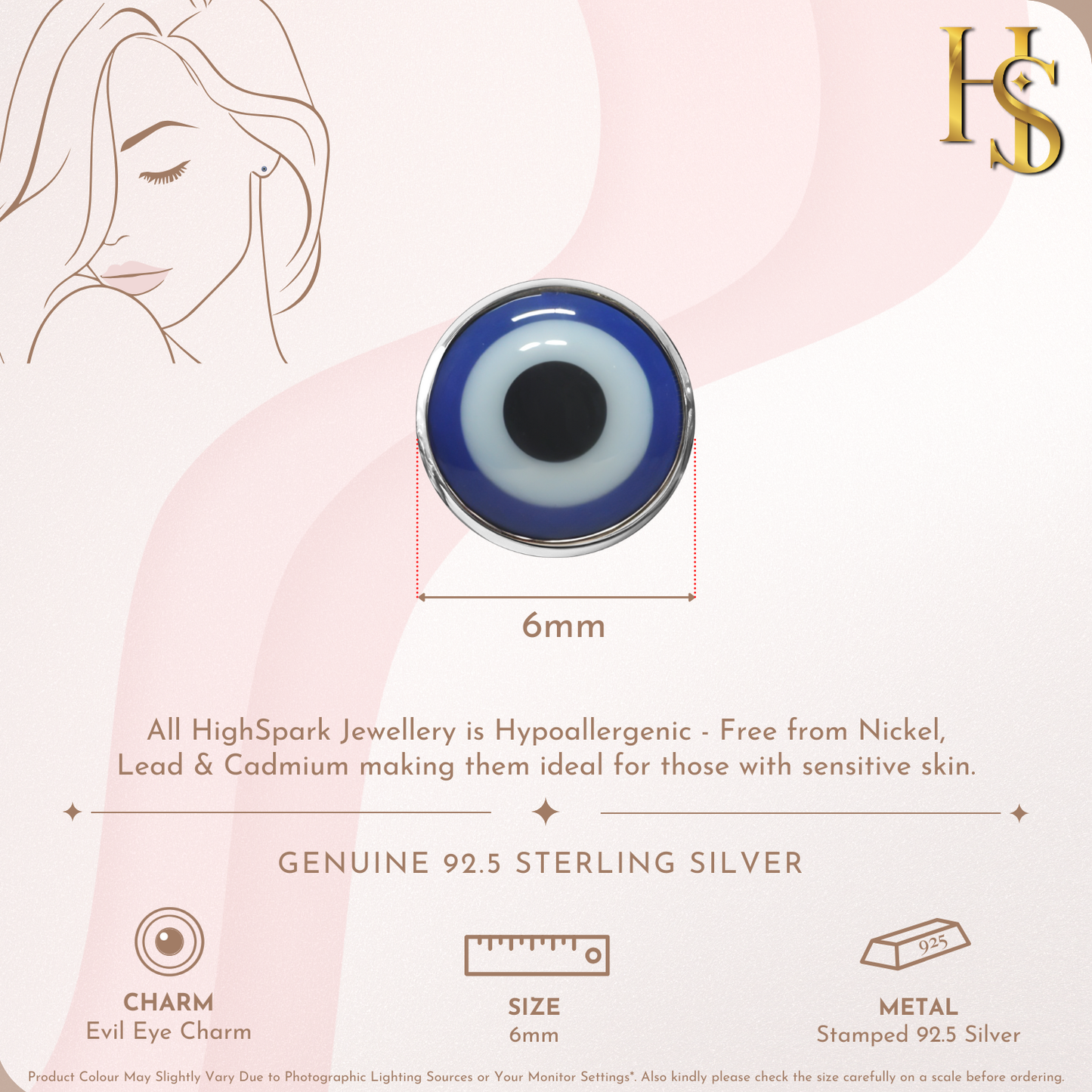 Infographic for a round evil eye stud earring showing its 6mm size and sterling silver metal specifications.