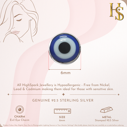 Infographic for a round evil eye stud earring showing its 6mm size and sterling silver metal specifications.