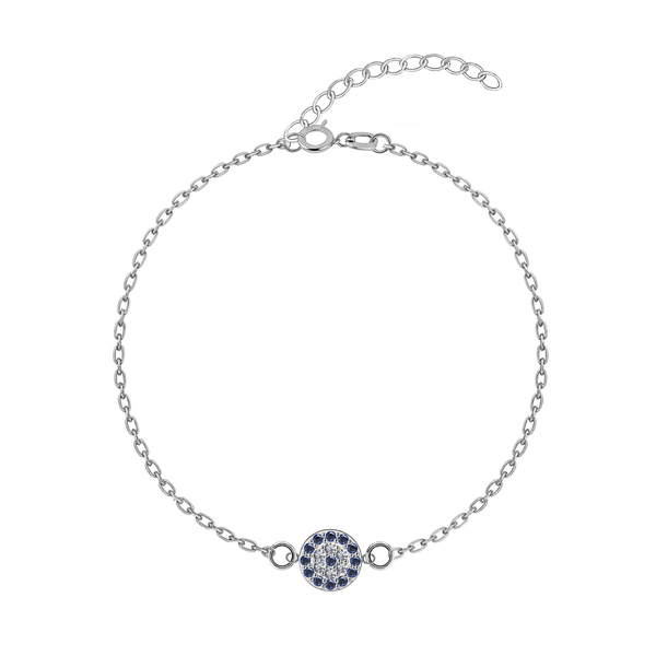 A sterling silver evil eye bracelet with a round charm pavé-set with blue and clear American diamonds, on a white background.