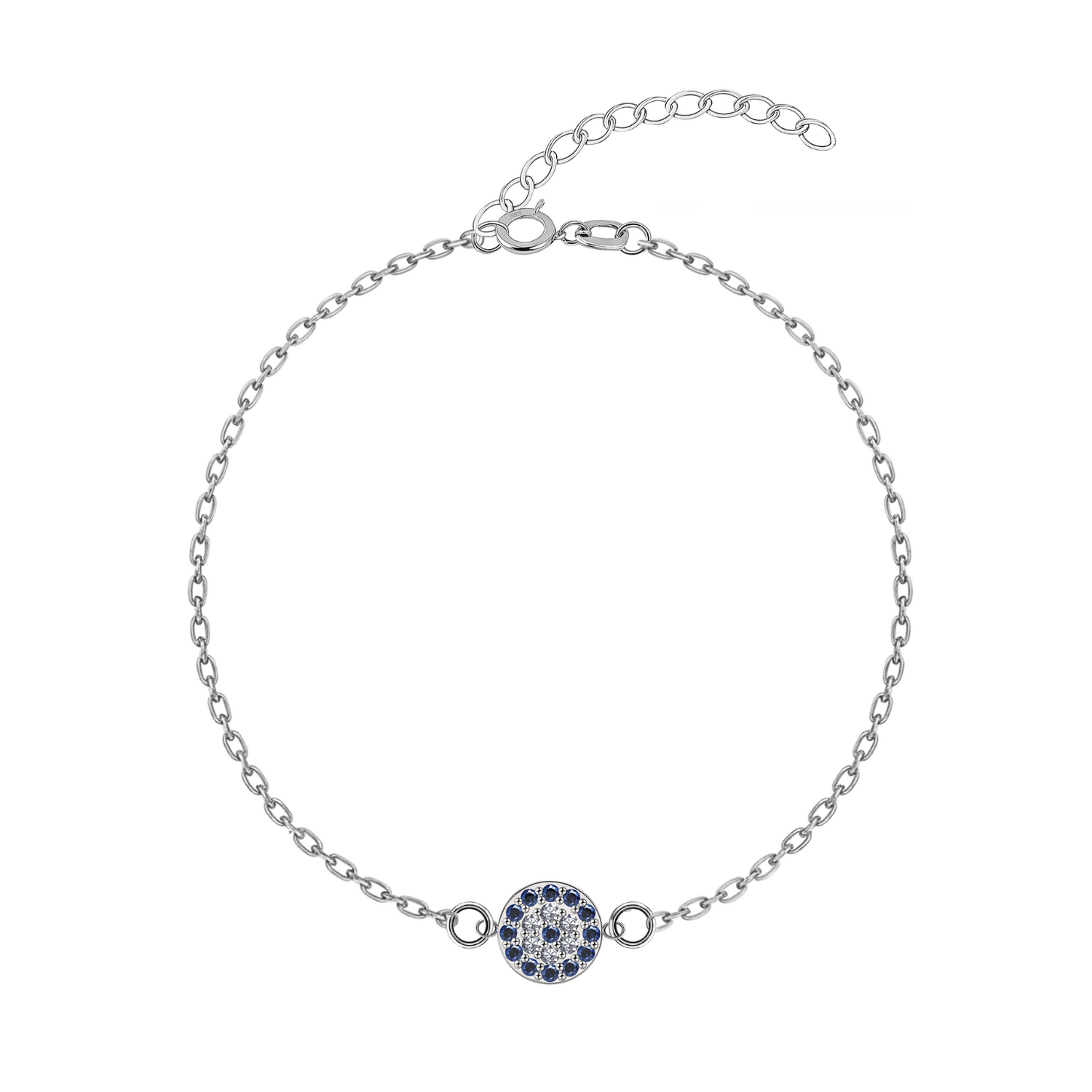 A sterling silver evil eye bracelet with a round charm pavé-set with blue and clear American diamonds, on a white background.