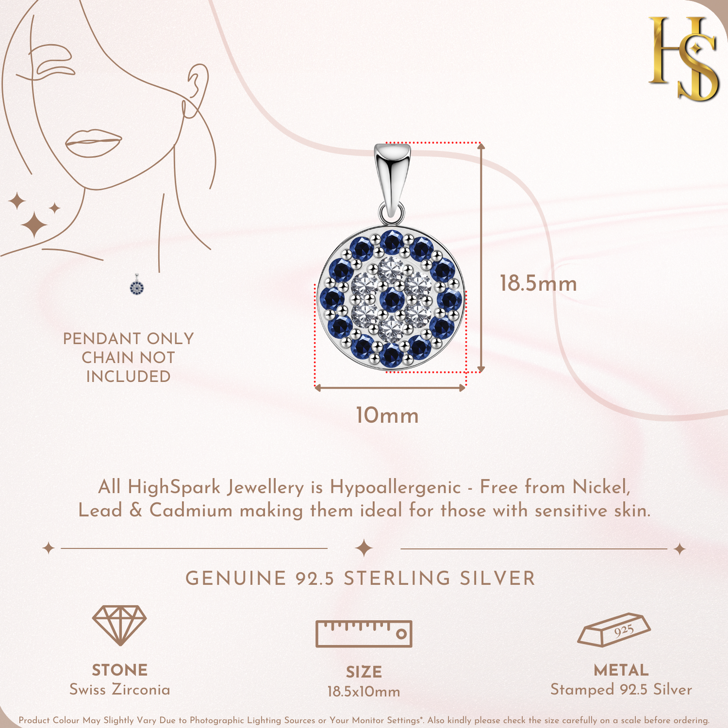 Infographic showing the dimensions of a round evil eye pendant with dark blue and American diamond stones in a sterling silver setting.