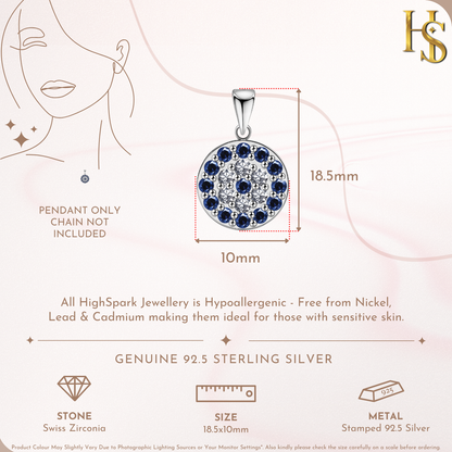 Infographic showing the dimensions of a round evil eye pendant with dark blue and American diamond stones in a sterling silver setting.