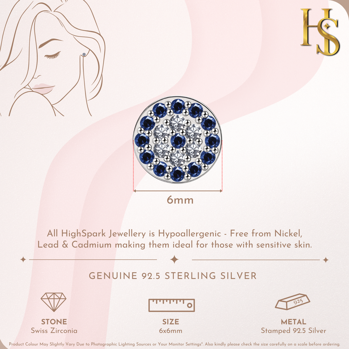An infographic showing the 6mm diameter of a round evil eye stud earring with a halo of dark blue and clear American diamonds in sterling.