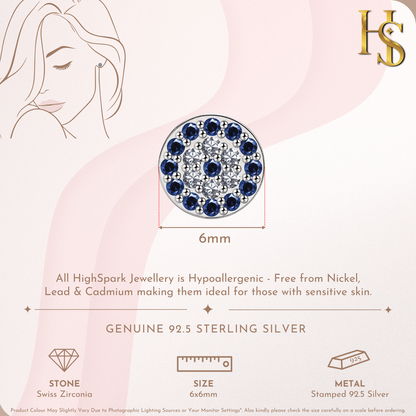 An infographic showing the 6mm diameter of a round evil eye stud earring with a halo of dark blue and clear American diamonds in sterling.