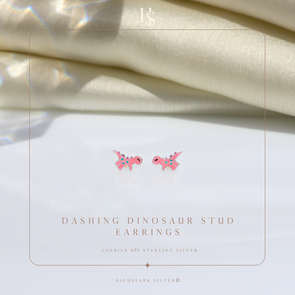 Dashing Dinosaur Cute Enamel Stud Earrings in 925 Sterling Silver HighSpark