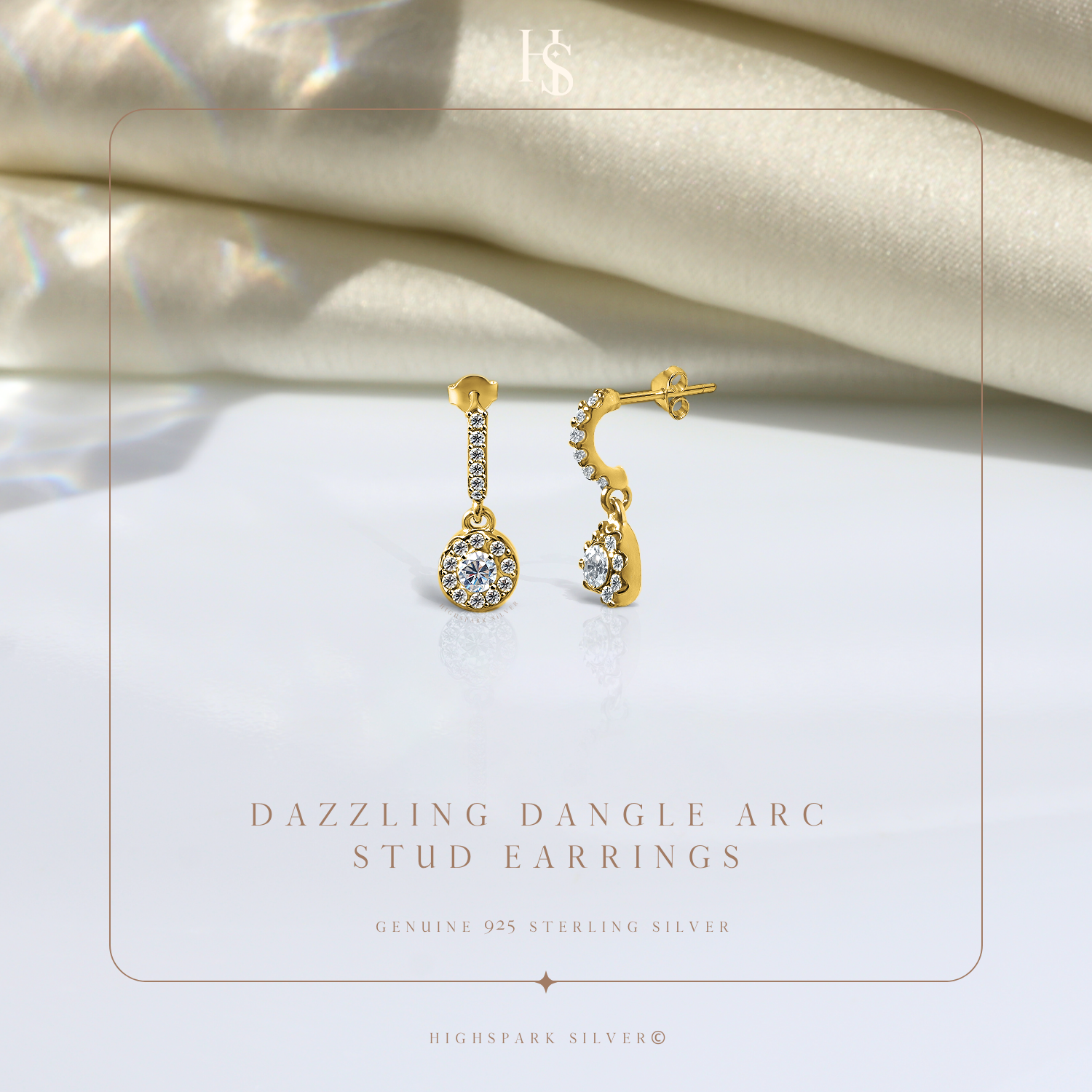 Dazling Dangle Arc Stud Earrings in 925 Sterling Silver with 18k Gold Finish For Women HighSpark