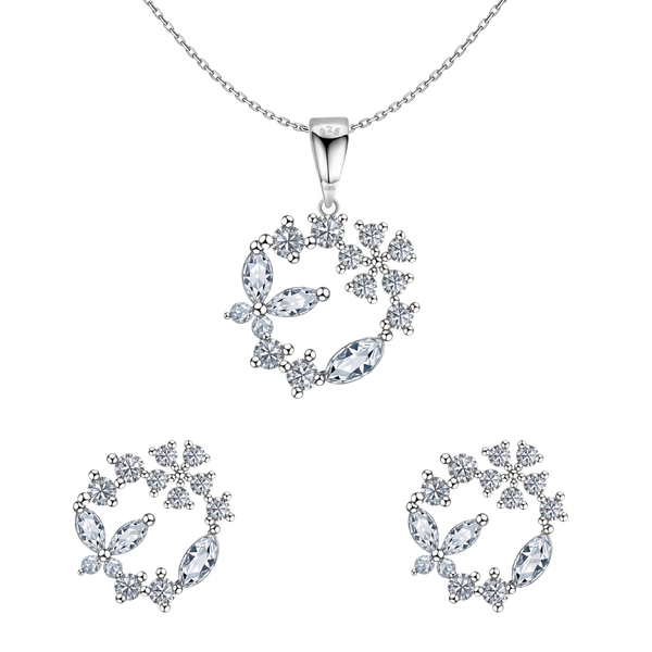 A sterling silver pendant necklace and matching stud earrings set with a butterfly and floral wreath motif made of marquise and round.