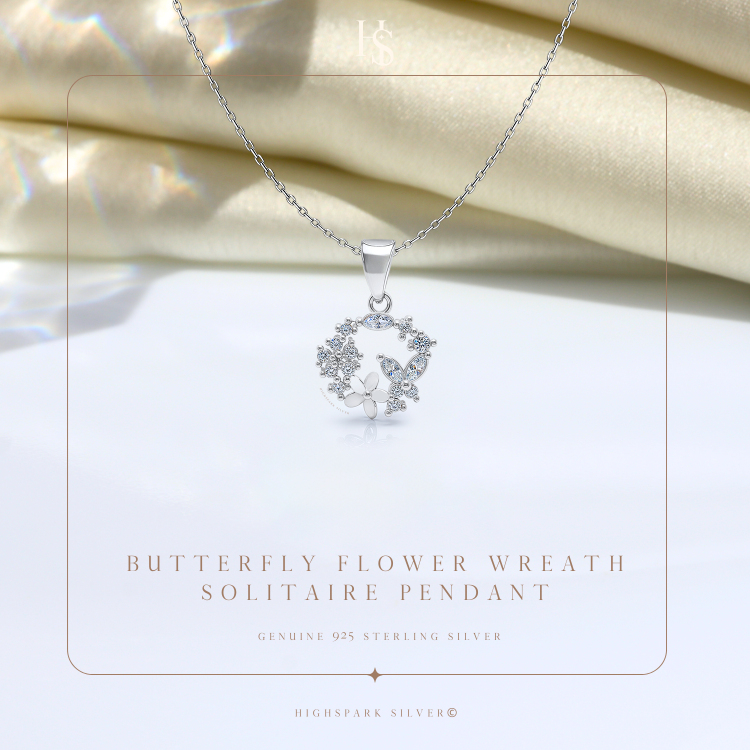 Dazzling Butterfly Wreath Solitaire Pendant in 92.5 Sterling Silver With Diamond like Brilliance Sparkling Zirconia HighSpark