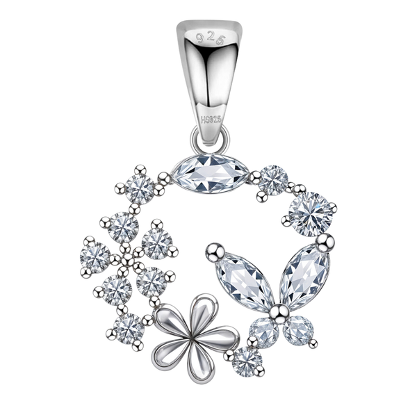 A sterling silver pendant in a wreath design with a butterfly, flower, and clusters of prong-set American diamonds on a white background.