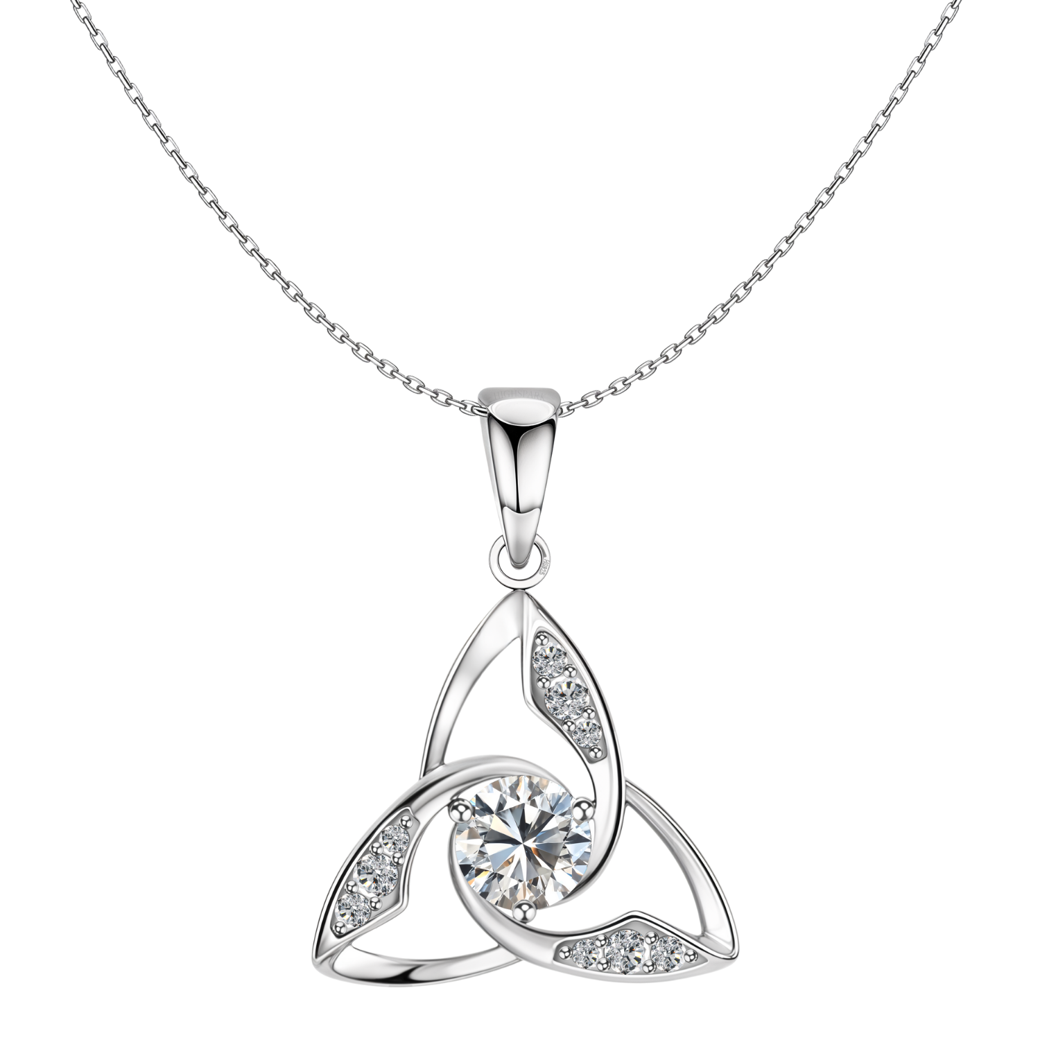 A sterling silver pendant necklace with a Celtic knot design holding a central round American diamond and pavé-set accents on a plain white.