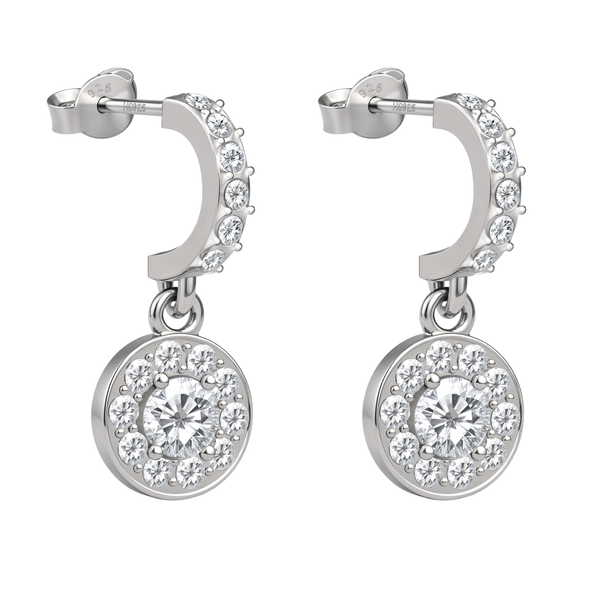 Dangle stud earrings with a stone-studded arc and a round halo dangle of American diamonds in polished sterling silver.