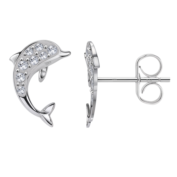 A pair of sterling silver stud earrings in a dolphin shape, pavé-set with round American diamonds, shown on a white background.