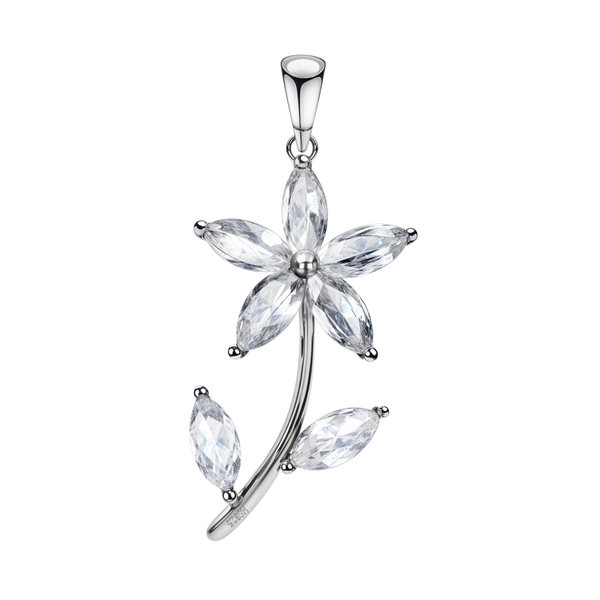 A sterling silver flower pendant with five marquise-cut American diamond petals and two leaves on a curved stem.