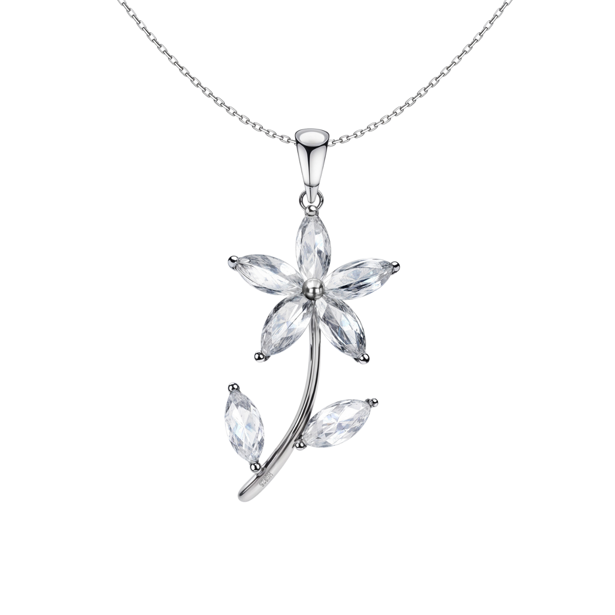 A sterling silver pendant necklace with a flower and stem motif made of marquise-cut American diamonds on a plain white background.
