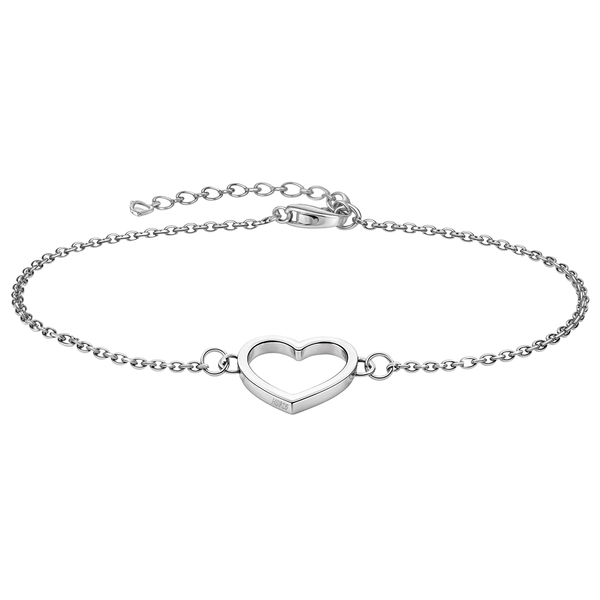 A beautiful silver bracelet for women, featuring a central open heart charm on a delicate chain, crafted in polished sterling silver.