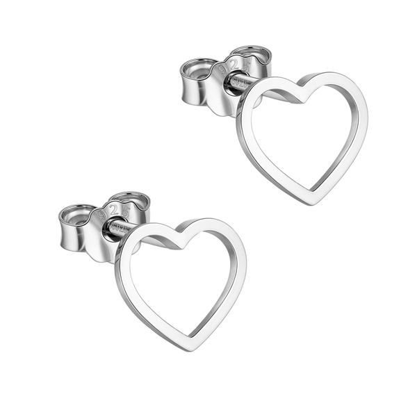 A pair of open heart outline stud earrings in polished sterling silver with push-back closures, shown on a white background.