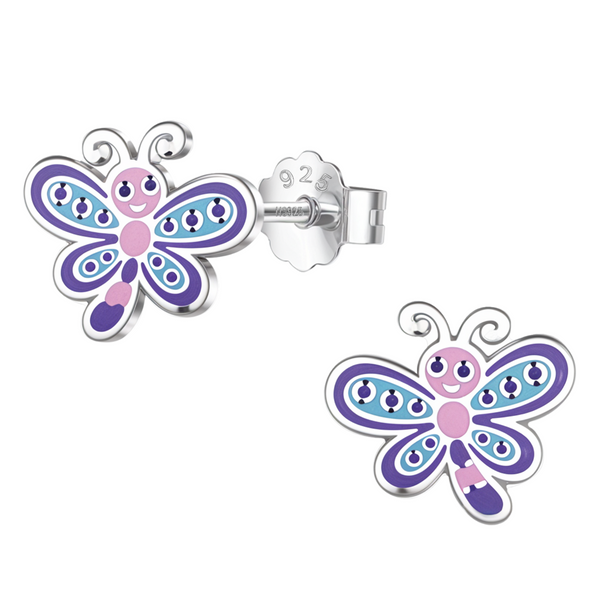 A pair of sterling silver stud earrings in the shape of a smiling butterfly with pink, purple, and light blue enamel detailing.