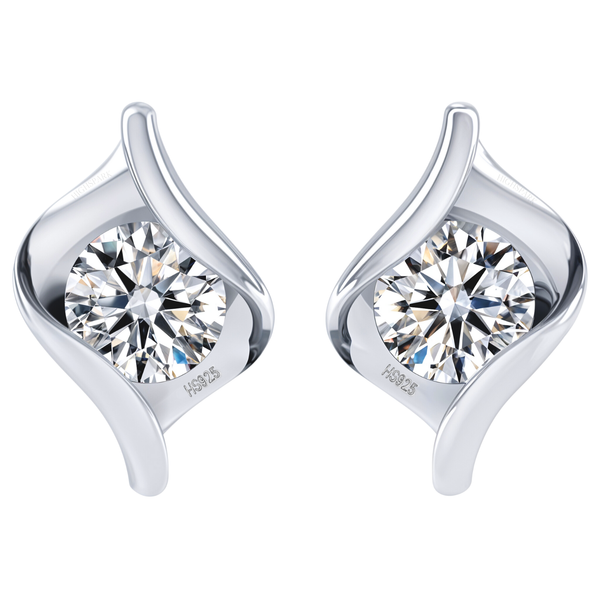 A pair of stud earrings with a large, round American diamond in a curved, polished sterling silver setting on a white background.