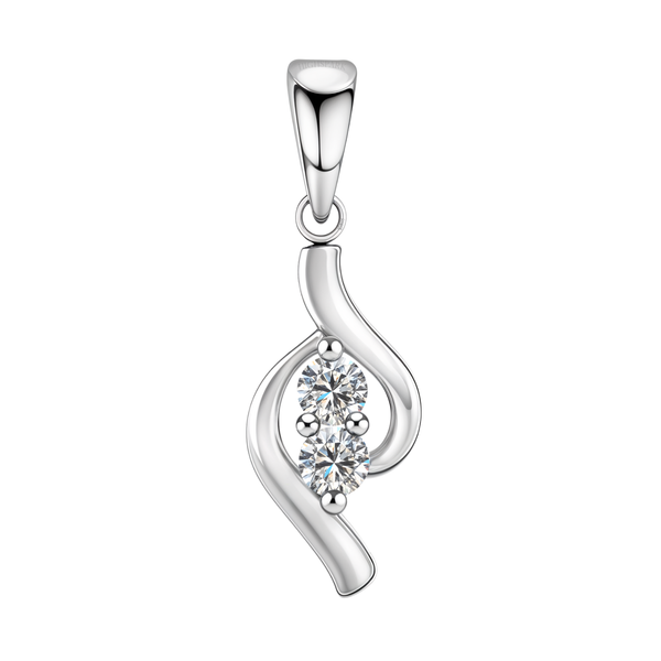 A sterling silver pendant featuring two round American diamonds set vertically within a swirling, openwork design, on a white background.