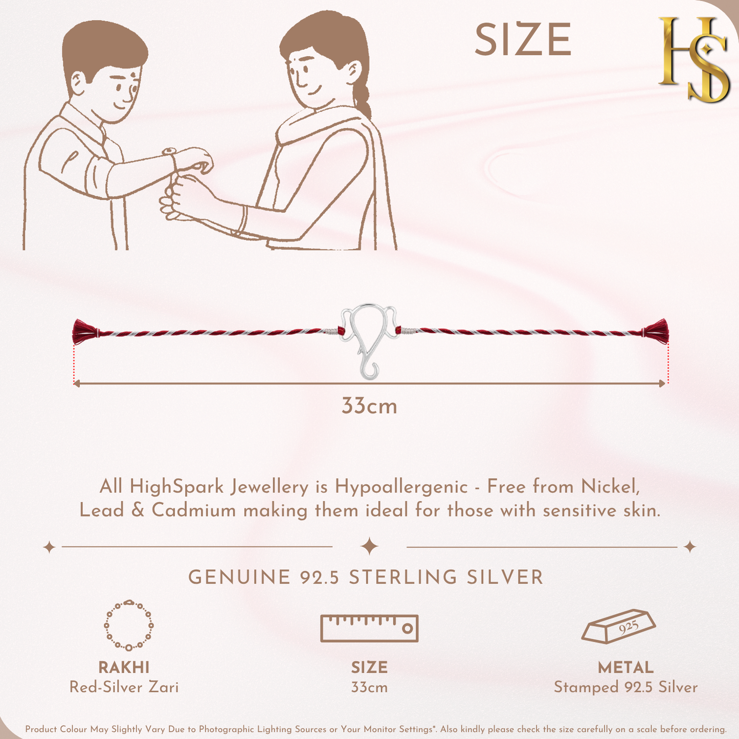 An infographic showing a 925 sterling silver rakhi for brother with a Ganesha motif centerpiece and a red-silver twisted zari thread.