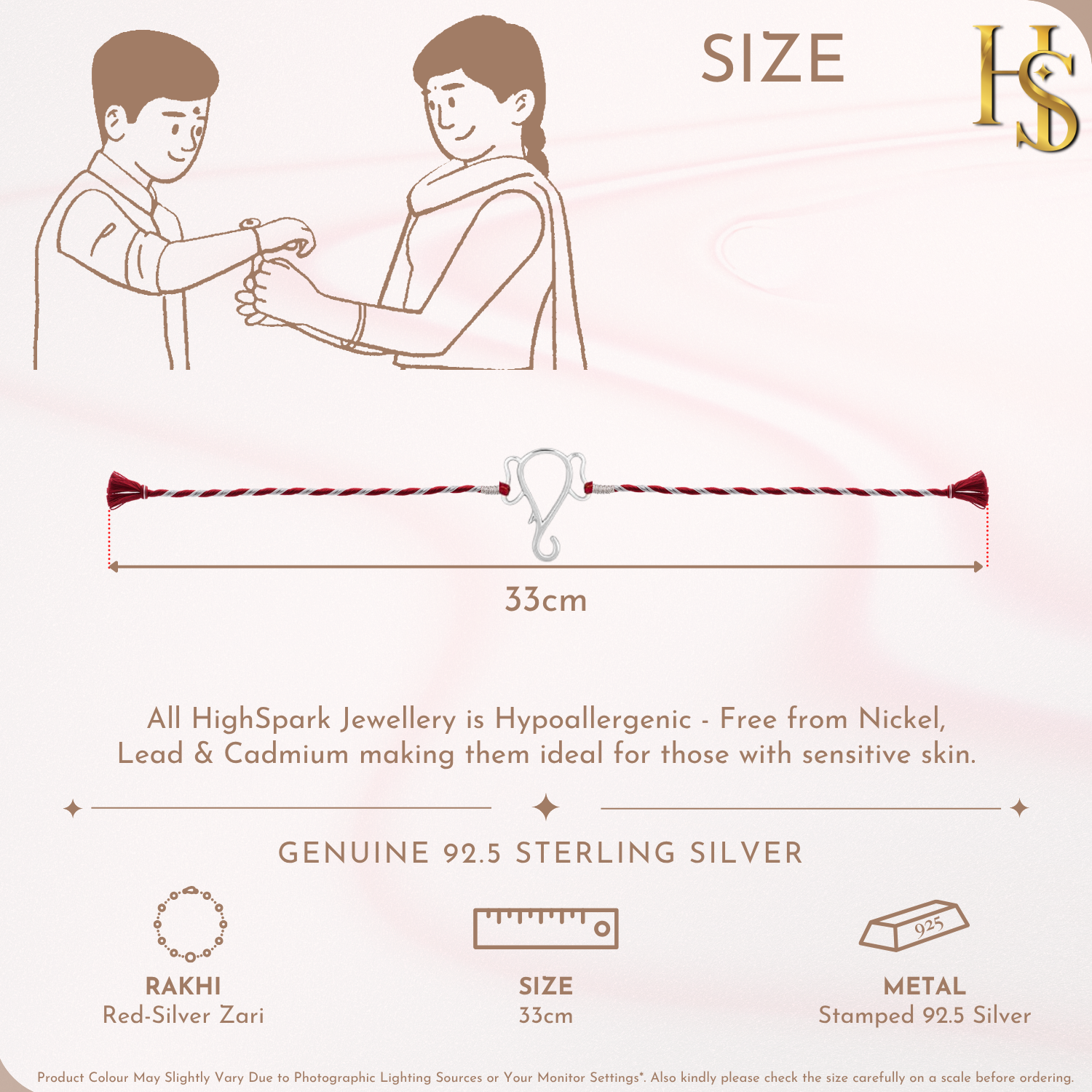 An infographic showing a 925 sterling silver rakhi for brother with a Ganesha motif centerpiece and a red-silver twisted zari thread.