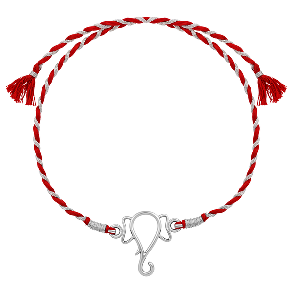 A 925 sterling silver rakhi for brother with a Ganesha motif centerpiece on a twisted red and silver thread, shown on a white background.