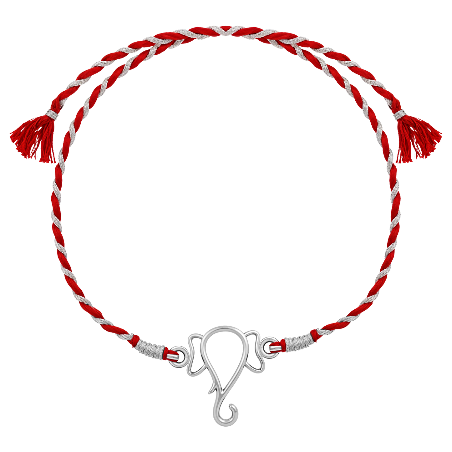 A 925 sterling silver rakhi for brother with a Ganesha motif centerpiece on a twisted red and silver thread, shown on a white background.