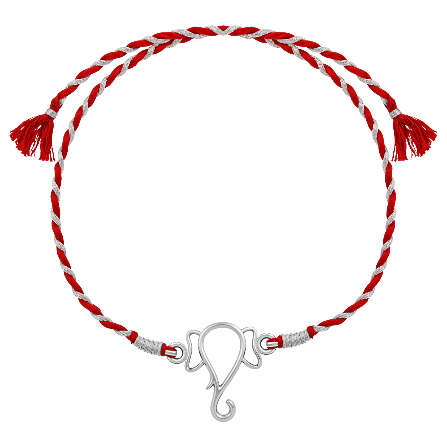A 925 sterling silver rakhi for brother with a Ganesha motif centerpiece on a twisted red and silver thread, shown on a white background.