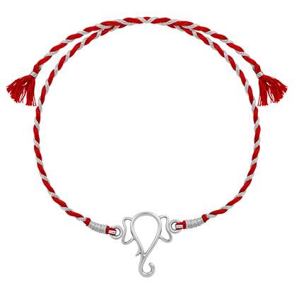 A 925 sterling silver rakhi for brother with a Ganesha motif centerpiece on a twisted red and silver thread, shown on a white background.