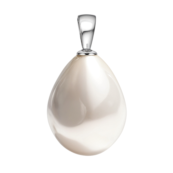 A divine pearl pendant features a large, teardrop-shaped pearl with a lustrous finish.