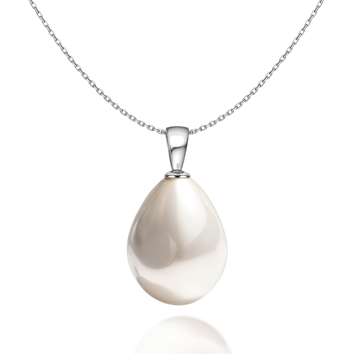A pendant necklace with a large, teardrop-shaped white pearl on a sterling silver chain, shown on a plain white background.