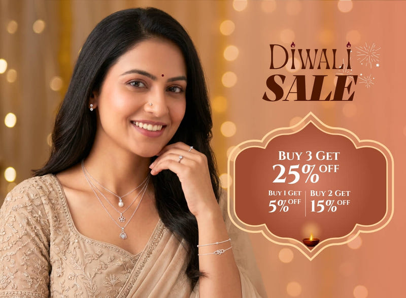 Diwali Sale on 925 sterling silver jewellery - buy 1 get 5% off, buy 2 get 15% off, buy 3 get 25% off