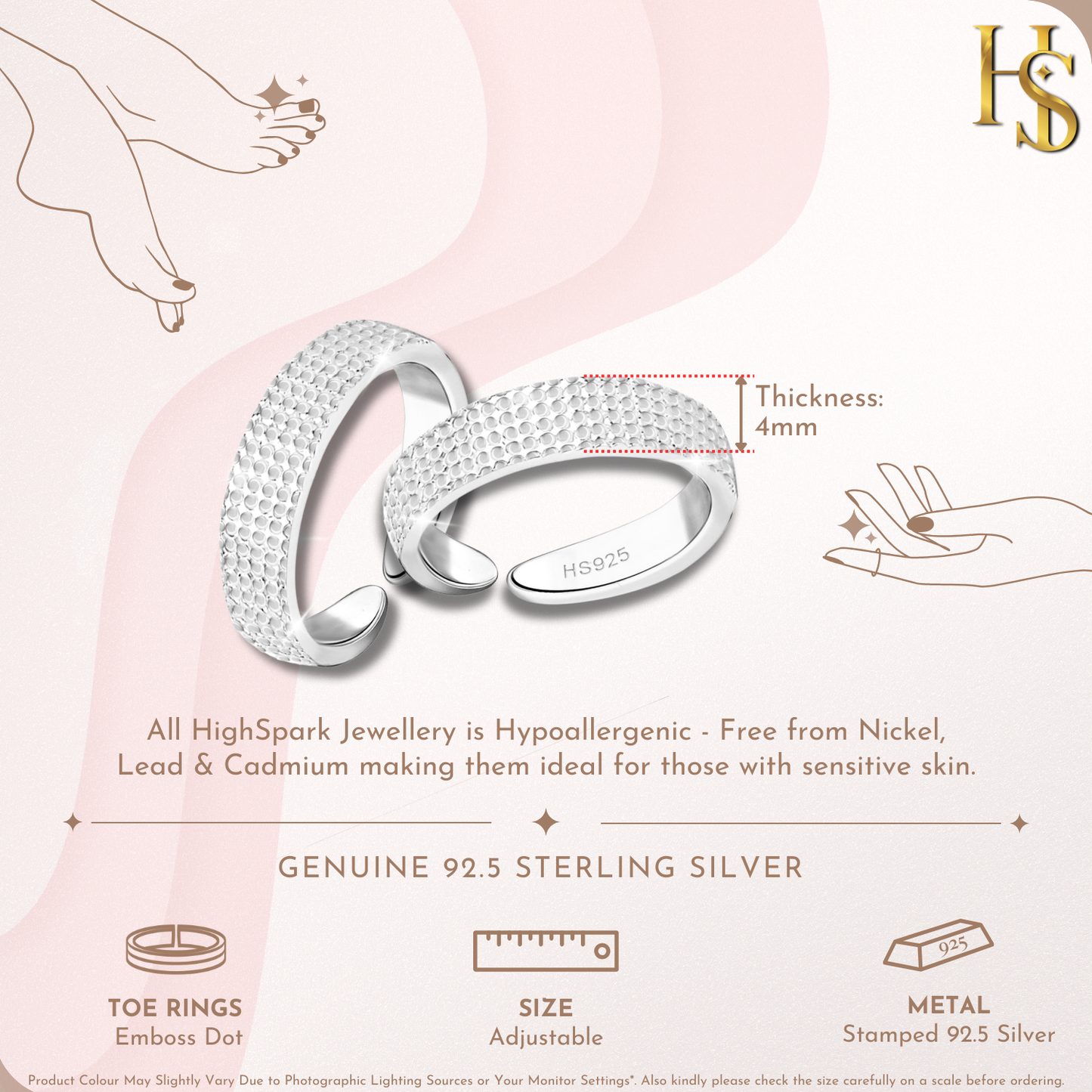 Dotted Embossed Toe Rings - Band Rings - 925 Sterling Silver - 2 Pieces HighSpark